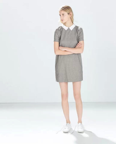 White Collar Grey Houndstooth Print Casual Dress