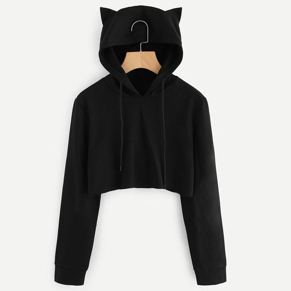 Solid Cat Ear Long Sleeve Cropped Sweatshirt