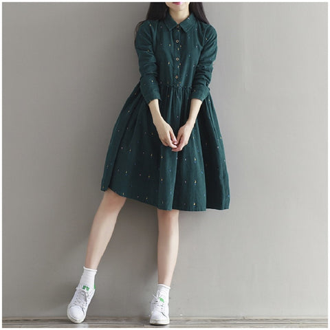 Vintage Green Turndown Collar Dress