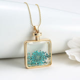 Pressed Flower Square Shaped Charm Pendant Necklace