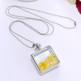 Pressed Flower Square Shaped Charm Pendant Necklace