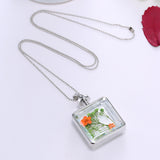 Pressed Flower Square Shaped Charm Pendant Necklace