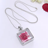 Pressed Flower Square Shaped Charm Pendant Necklace
