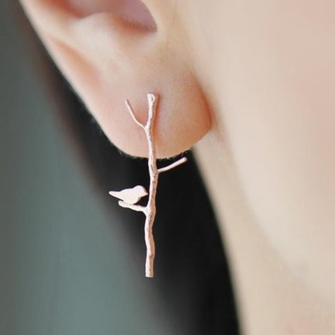 Unique Tree Branch Bird Stud Earrings