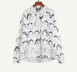 Face Portrait Print Long Sleeve Loose Casual Linen Shirt
