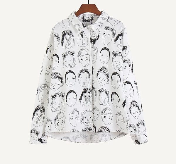 Face Portrait Print Long Sleeve Loose Casual Linen Shirt