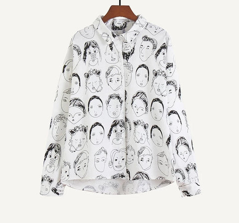 Face Portrait Print Long Sleeve Loose Casual Linen Shirt