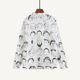 Face Portrait Print Long Sleeve Loose Casual Linen Shirt
