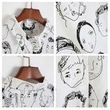 Face Portrait Print Long Sleeve Loose Casual Linen Shirt