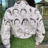 Face Portrait Print Long Sleeve Loose Casual Linen Shirt