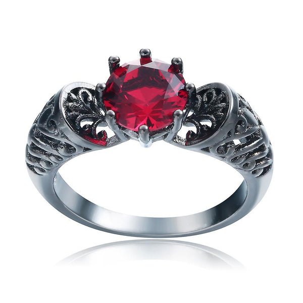 Unique Hollow Red Ruby Black and Silver Plated Ring
