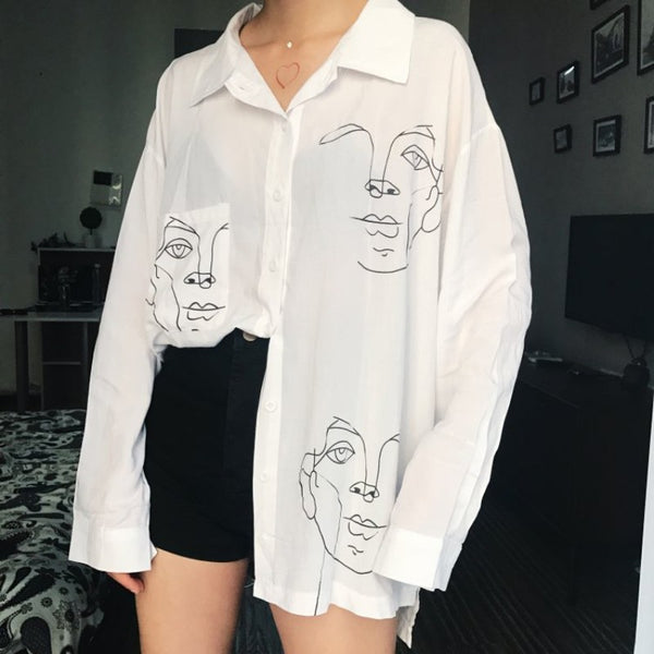 Cartoon Abstract Figure Printed Lapel Collar Long Sleeve Boyfriend Loose Button Shirt