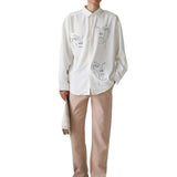 Cartoon Abstract Figure Printed Lapel Collar Long Sleeve Boyfriend Loose Button Shirt