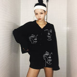 Cartoon Abstract Figure Printed Lapel Collar Long Sleeve Boyfriend Loose Button Shirt