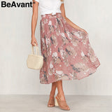 Floral Print High Waist Long Pleated Skirt