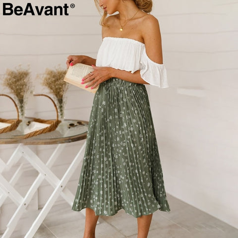 Floral Print High Waist Long Pleated Skirt