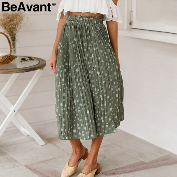 Floral Print High Waist Long Pleated Skirt